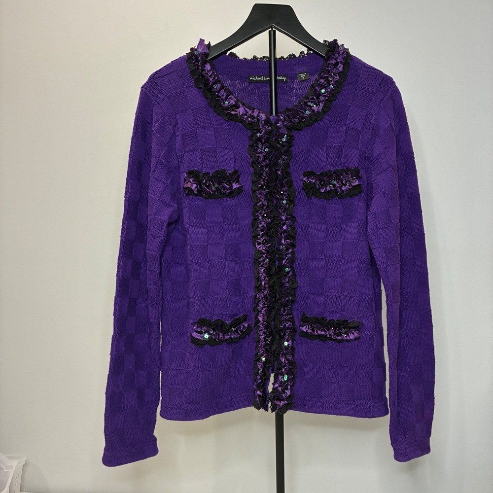 Y2K Michael Simon Workshop Purple‎ Ruffle Cardigan Small Whimsical Maximalist